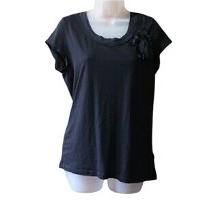 DKNY Black Blouse with Ribbon Flower Detail Business casual LARGE